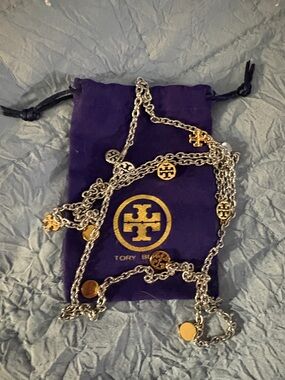 Tory Burch Two-Tone Logo Disc Chain Necklace - Purple/Gold/Silver w dust bag